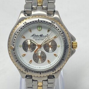 Eddie Bauer 3 Eye Watch Men 40mm Silver Gold Two Tone Day Date WR New Battery 7"